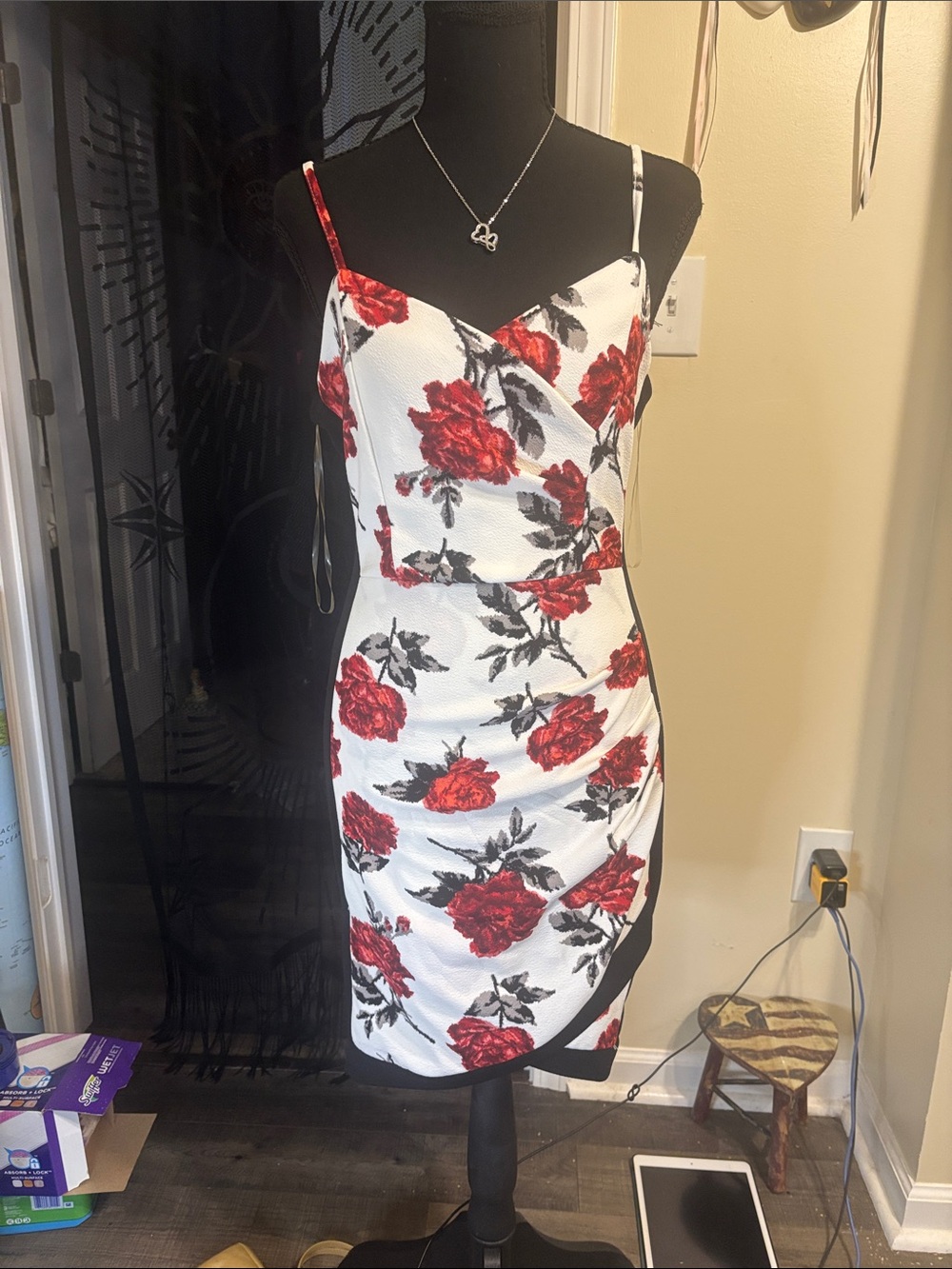 Almost Famous White Mini Dress with Red Rose Print